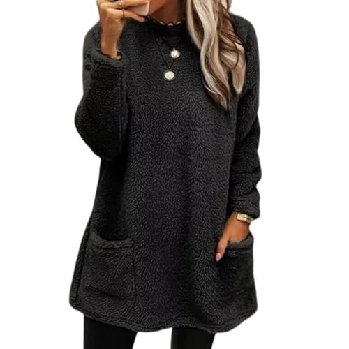 WUFANGBU Pullover Sweatshirts Damen Pullover Stilvolle Jacke Mit Tasche Mittellänge Verdickt Einfarbig Warme Outwear Hoodie L Schwarz von WUFANGBU