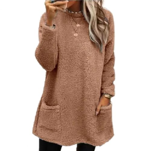 WUFANGBU Pullover Sweatshirts Damen Pullover Stilvolle Jacke Mit Tasche Mittellänge Verdickt Einfarbig Warme Outwear Hoodie M Braun von WUFANGBU