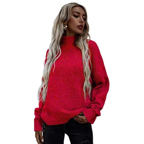 WUFANGBU Pullover Sweatshirts Damen Roll Kragen Pullover Lange Ärmel Gerippt Trimm Pullover Einfarbig Warmer Pullover Gestrickt S-Rot von WUFANGBU