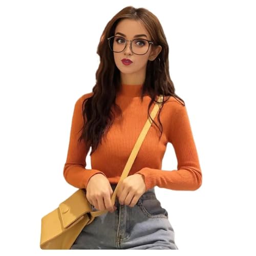 WUFANGBU Pullover Sweatshirts Damen Strick Pullover Halb Hoher Kragen Langarm Top Slim Fit Pullover Lässige Basis Schicht Top Für Eine Größe Orange von WUFANGBU