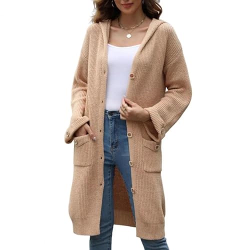 WUFANGBU Pullover Sweatshirts Damen Strickjacke Mit Kapuze Langarm Einreiher Pullover Mantel Mit Taschen Einfarbig Lose Fit Mittellange Strickwaren M Khaki von WUFANGBU