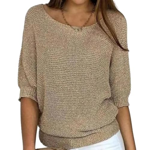 WUFANGBU Pullover Sweatshirts Frauen Einfarbig Strick Pullover O-Ausschnitt 3/4 Ärmel Lose Fit Pullover Oberteile Strickwaren Stretchy Stoff Pullover 3XL Khaki von WUFANGBU