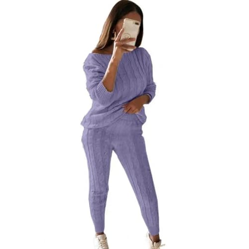 WUFANGBU Pullover Sweatshirts Frauen Gestrickte Trainings Anzug Zweiteiliges Set Frauen Pullover Tops Elastische Taille Hose Strickanzug Frauen Outfits 3XL Light Purple von WUFANGBU