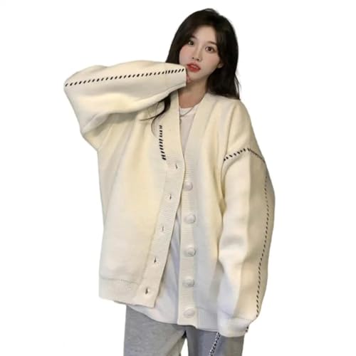 WUFANGBU Pullover Sweatshirts Frauen Lang Ärmel Ige Strickjacke Mit V-Ausschnitt Strickjacke Für Damen Lang Ärmelig Lose Passform Für Damen One Size White von WUFANGBU