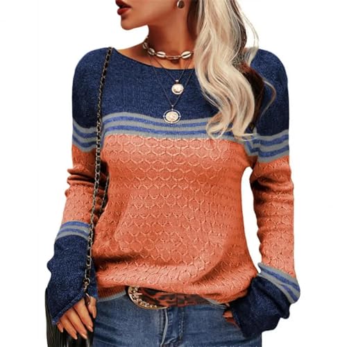 WUFANGBU Pullover Sweatshirts Frauen Pullover Gestreift Farbe Passend Gestrickt Rundhals-Damen Pullover Langarm Warm Weiche Dame Casual Pullover L Orange von WUFANGBU