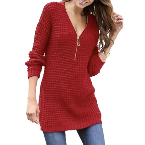 WUFANGBU Pullover Sweatshirts Frauen Pullover Kleid Mit Reiß Verschluss V-Ausschnitt Schlank Fit Pullover Lang Ärmelnd Weich Pendel-Stil Dame Gestricktes Mittellanges Kleid M Rot von WUFANGBU