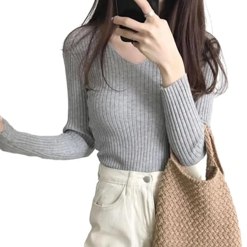 WUFANGBU Pullover Sweatshirts Frauen Top Gestrickt Slim Fit V-Ausschnitt Pullover Weich Elastisch Lange Ärmel Botoming Top Lady Pullover Grau von WUFANGBU