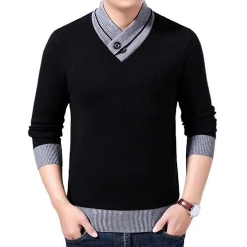 WUFANGBU Pullover Sweatshirts Herren Pullover V-Ausschnitt Gestrickte Kontrast Farben Lose Warm Knopf Roll Kragen Business Pullover Für Büro Herren Bekleidung XXL Schwarz von WUFANGBU