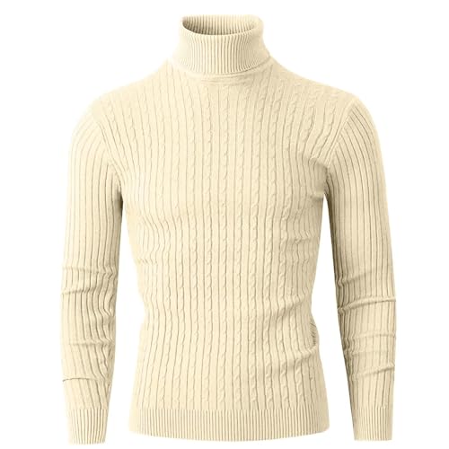 WUFANGBU Pullover Sweatshirts Herren Roll Kragen Strick Pullover Lässige Slim Fit Tops Warme Fitness Pullover Übergroßer Pullover Mit Twist Gemustertem Asianxxxl(75-85Kg) Beige von WUFANGBU