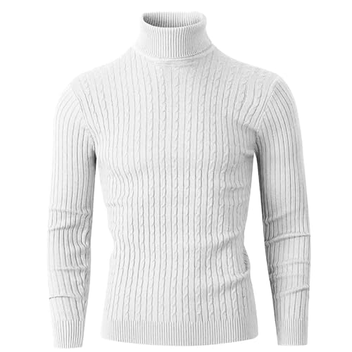 WUFANGBU Pullover Sweatshirts Herren Roll Kragen Strick Pullover Lässige Slim Fit Tops Warme Fitness Pullover Übergroßer Pullover Mit Twist-Muster Asianm(40-55Kg) Weiß von WUFANGBU