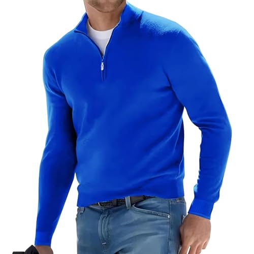 WUFANGBU Pullover Sweatshirts Herren Sweat Wear Warmer Pullover Einfarbig Halb Reiß Verschluss Lässiger Pullover Schlanker V-Ausschnitt Langarm Herren Sweatshirts Top Asianxl(60-65Kg) Blau von WUFANGBU