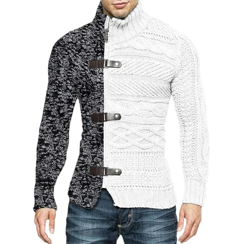 WUFANGBU Pullover Sweatshirts Herren Sweater Coat Patchwork Roll Kragen Cardigan Herren Lässig Gestrickt Slim Fit Langarm Mode Pullover Oberbekleidung L Weiß von WUFANGBU