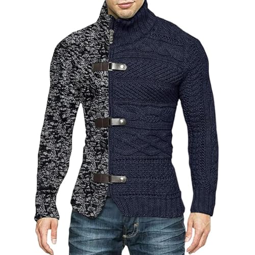 WUFANGBU Pullover Sweatshirts Herren Sweater Coat Patchwork Roll Kragen Cardigan Herren Lässig Gestrickt Slim Fit Langarm Mode Pullover Oberbekleidung XXXL Navy von WUFANGBU