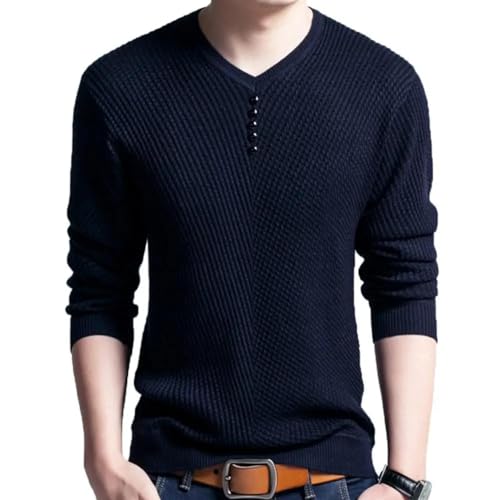 WUFANGBU Pullover Sweatshirts Herren T-Shirt V-Ausschnitt Lang Ärmel Iger Einfarbiger Schicker Pullover Schlank Weich Lässig Gestrickt Pullover Bluse L Navyblue von WUFANGBU