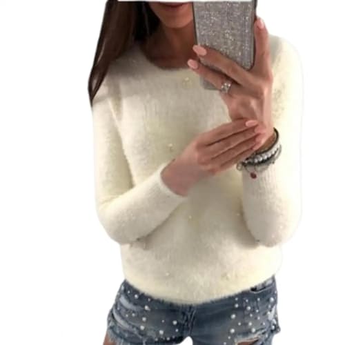 WUFANGBU Pullover Sweatshirts Kalt Beständige Mode Frauen Reine Farbe Perlen Fluffy Pullover Cold Proof Sweater Top Skinny Kleidung L Weiß von WUFANGBU