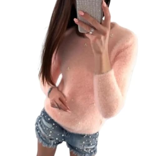 WUFANGBU Pullover Sweatshirts Kalt Beständige Mode Frauen Reine Farbe Perlen Fluffy Pullover Cold Proof Sweater Top Skinny Kleidung XL Pink von WUFANGBU