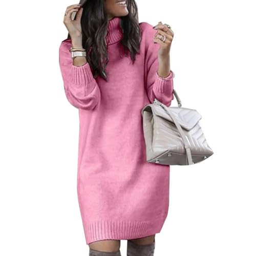 WUFANGBU Pullover Sweatshirts Kleid Mit Langen Ärmeln Knielanges Kleid Lockerer Frauen Roll Kragen Warmer Strick Pullover Knielanges Kleid L Rosa von WUFANGBU