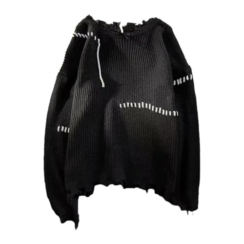 WUFANGBU Pullover Sweatshirts Pullover Mit Rundem Hals Styli Scher Herren-Fransen Pullover Mit Zerrissen Details Weich Gestrickter Pullover Für Bequeme Loose Fit XL Schwarz von WUFANGBU