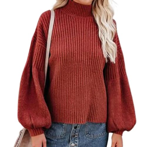 WUFANGBU Pullover Sweatshirts Roll Kragen Laterne Lange Ärmel Gerippt Pullover Einfarbig Lose Warme Pullover Jumper Kleidung L WineRed von WUFANGBU