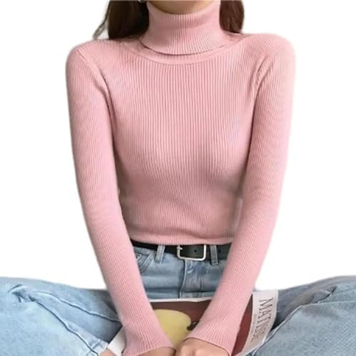 WUFANGBU Pullover Sweatshirts Rollkragen Lange Ärmel Gerippte Frauen Pullover Slim Fit Warmer Pullover Tägliche Kleidung Bottoming Shirt One Size Pink von WUFANGBU