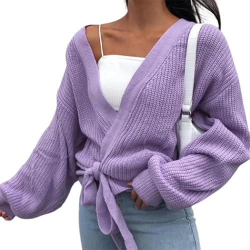 WUFANGBU Pullover Sweatshirts Strickjacke Frauen Pullover V-Ausschnitt Schnürung Unregelmäßige Kleidung Mode Freizeit Strickjacke Pullover Mantel M Lila von WUFANGBU