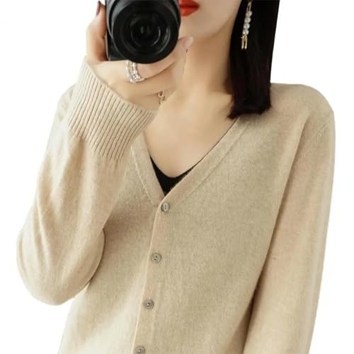 WUFANGBU Pullover Sweatshirts Strickjacke Mit V-Ausschnitt Lange Ärmel Gerippt Pullover Einfarbig Einfarbig Dehnbar Strickwaren XL Aprikose von WUFANGBU