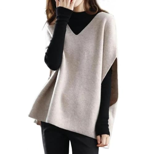 WUFANGBU Pullover Sweatshirts V-Ausschnitt Version Einfarbig Dicke Weste Pullover Frauen Übergroße Ärmellose Strickwaren Täglich Kleidung XL Beige von WUFANGBU