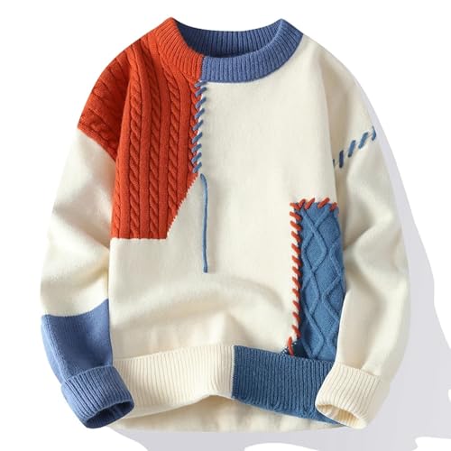 WUFANGBU Pullover Sweatshirts Warme Herren Strick Pullover Mode Patchwork O-Ausschnitt Strick Pullover Streetwear Freizeit Herren Kleidung 4XL Orange von WUFANGBU