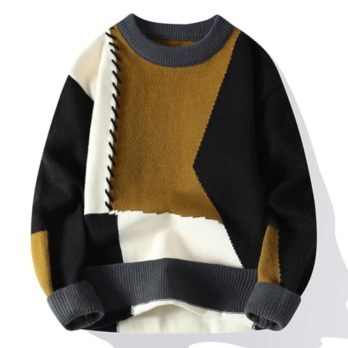 WUFANGBU Pullover Sweatshirts Warme Herren Strick Pullover Mode Patchwork O-Ausschnitt Strick Pullover Streetwear Pullover Freizeit Herren Kleidung L Gelb von WUFANGBU