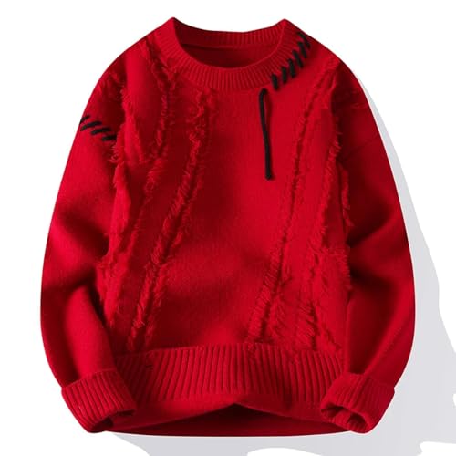 WUFANGBU Pullover Sweatshirts Warme Herren Strick Pullover Mode Patchwork O-Ausschnitt Strick Pullover Streetwear Pullover Freizeit Herren Kleidung XL Rot von WUFANGBU