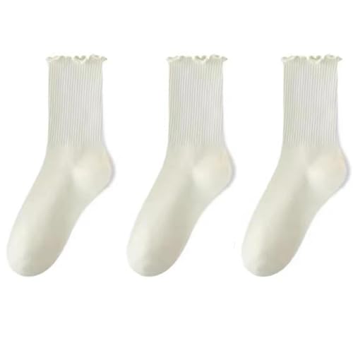 WUFANGBU Strümpfe Socken Für Frauen Gestapelte Socken Komfortable Atmungsaktive Mid-Calf Rüschen Socken 3 Paar Beige von WUFANGBU