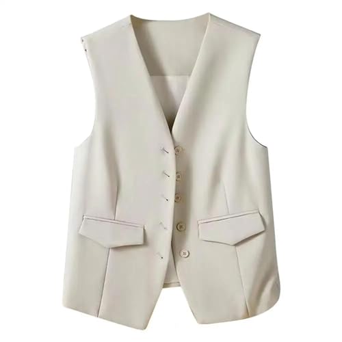 WUFANGBU Weste Vest Anzug Jacke Elegante Damen V-Ausschnitt Weste Ärmel Los Einreihige Weste Stilvoll Für Arbeit XXL Beige von WUFANGBU