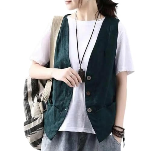 WUFANGBU Weste Vest Damen Weste Mantel Retro V-Ausschnitt Strickjacke Einfarbig Knopf Verschluss Damen Mantel Styli Sch Weste Weste Top Einreiher M Grün von WUFANGBU