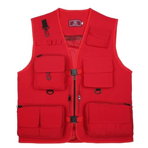 WUFANGBU Weste Vest Fisch Jacke Schnell Trocknende Mesh Vestt Multi-Pocket Mesh Weste Outdoor Weste Multi Pocket Mesh Weste L Red1 von WUFANGBU