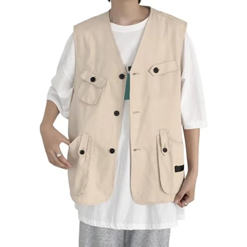 WUFANGBU Weste Vest Herren Cargo Weste Lässige Ärmellose Weste Multi-Taschen Knöpfe Verschluss Einfarbig Outdoor Cargo Weste Für Dünne XXL Khaki von WUFANGBU