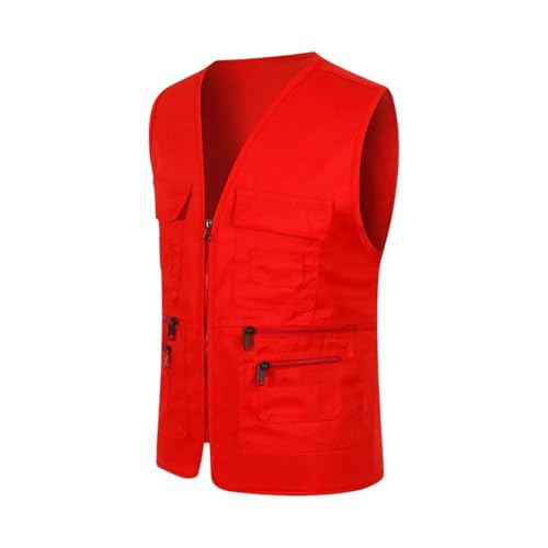 WUFANGBU Weste Vest Herren Cargo Weste V-Ausschnitt Ärmellose Multi-Taschen Sport Weste Einfarbig Reiß Verschluss Weste Weste Mantel 2XL Rot von WUFANGBU