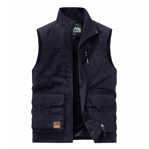 WUFANGBU Weste Vest Herren Freizeit Weste Einfarbig Werkzeugs Til Weste Dünnes Angeln Wandern Multi-Pocket Freizeit Lose Weste Für Männer 60-70Kgxl Navy von WUFANGBU