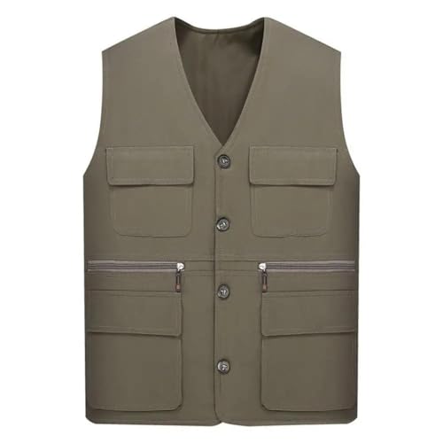 WUFANGBU Weste Vest Herren Freizeit Weste Mantel V-Ausschnitt Ärmellose Cargo Weste Einfarbig Mehrfach Taschen Reiß Verschluss Schnalle Weste Oberbekleidung Herren 2XL Khaki von WUFANGBU