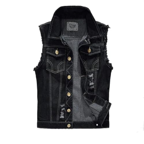 WUFANGBU Weste Vest Herren Jeans Weste Herren Herren Schwarz Ärmellose Jacken Herren Loch Jeans Weste Schwarz Schwarz von WUFANGBU