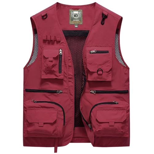 WUFANGBU Weste Vest Herren Mesh Casual Angel Weste Jacken Mode Große Größe Männer Multi Taschen Weste Weste Ärmelloser Mantel L Rot von WUFANGBU