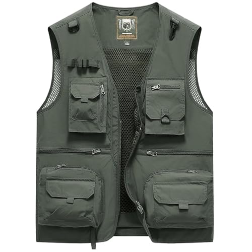 WUFANGBU Weste Vest Herren Mesh Casual Angel Weste Jacken Mode Große Größe Männer Multi Taschen Weste Weste Ärmelloser Mantel S ArmyGreen von WUFANGBU