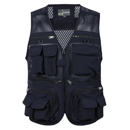 WUFANGBU Weste Vest Herren Outdoor-Angel Weste Einfarbig Mehrfach-Taschen-Freizeit-Mesh Atmungsaktiv Ärmellose Wander Jacke Mit Reiß Verschluss Weste 5XL Blau von WUFANGBU