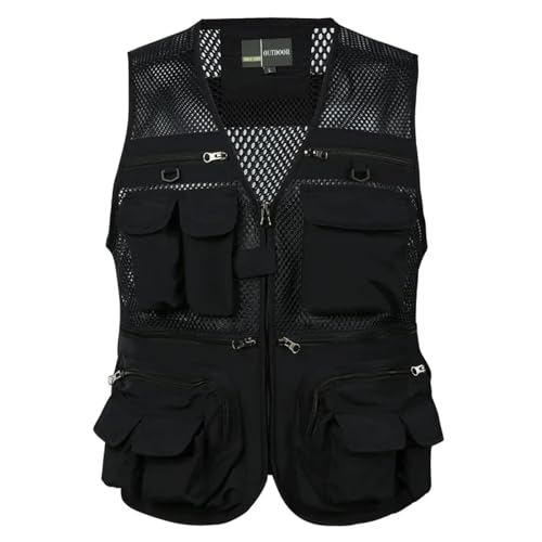 WUFANGBU Weste Vest Herren Outdoor-Angel Weste Einfarbig Mehrfach-Taschen-Freizeit-Mesh Atmungsaktiv Ärmellose Wander Jacke Zipper Weste XXXL Schwarz von WUFANGBU