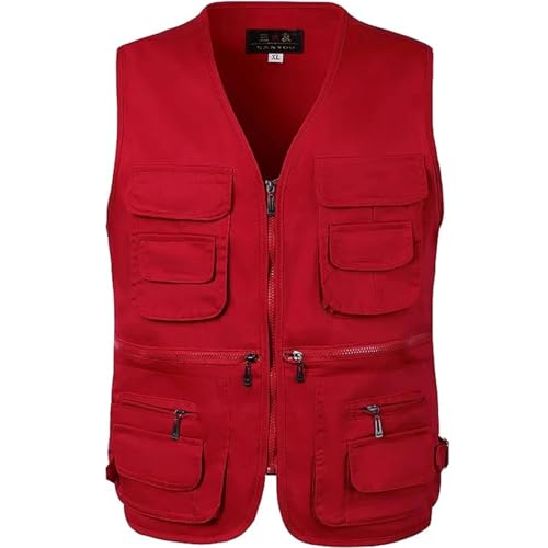 WUFANGBU Weste Vest Herren Tactical Wandern Angeln Weste Multi-Pocket Fotograf Weste Outdoor Freizeit Herren Dünne Cargo Jacke Westen Asianxl Rot von WUFANGBU