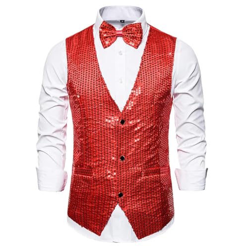 WUFANGBU Weste Vest Herren Weste Mantel Formal Schlank Glänzend Pailletten Glitzer Verzierte Jacke Pailletten Party Herren Weste L Rot von WUFANGBU