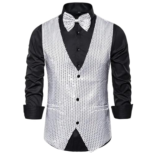 WUFANGBU Weste Vest Herren Weste Mantel Formal Schlank Glänzend Pailletten Glitzer Verzierte Jacke Pailletten Party Herren Weste L Silber von WUFANGBU