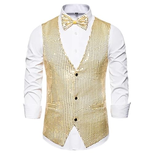 WUFANGBU Weste Vest Herren Weste Mantel Formal Schlank Glänzend Pailletten Glitzer Verzierte Jacke Pailletten Party Herren Weste XL Gold von WUFANGBU