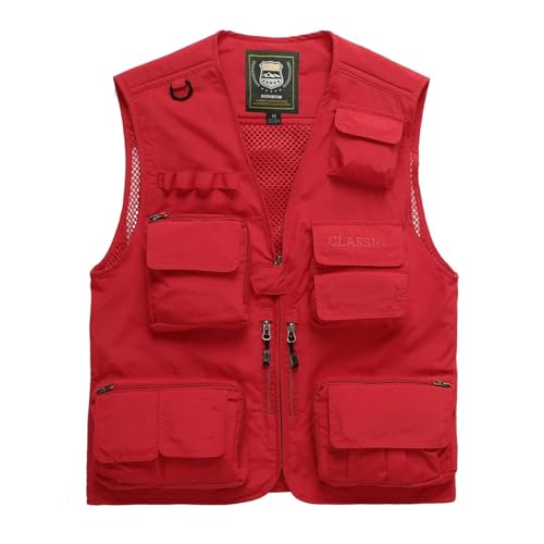 WUFANGBU Weste Vest Herren Weste Outdoor Multi Pocket Angeln Fotografie Weste Werbung Große Pferde Klammer S Rot von WUFANGBU