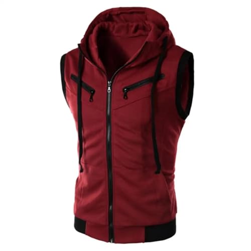 WUFANGBU Weste Vest Hip Hop Alltags Hoodies Weste Warmer Pullover Farb Block Sport Männer Reiß Verschluss Ärmellose Fitness Hoodies Weste XXXL WineRed von WUFANGBU