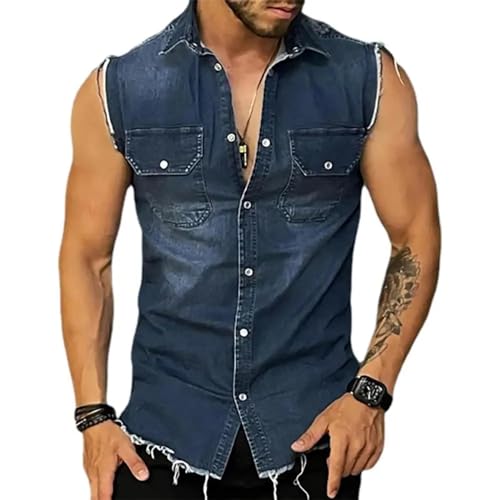 WUFANGBU Weste Vest Klassischer Hemd Mantel 3D Schnitt Weste Mantel Klappe Taschen Slim Fit Jeans Weste Jacke 2XL Blau von WUFANGBU